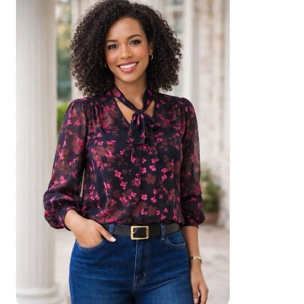 CABI 3860 Candlelight Blouse Tie Neck Sheer Black Pink Floral Size L Long Sleeve